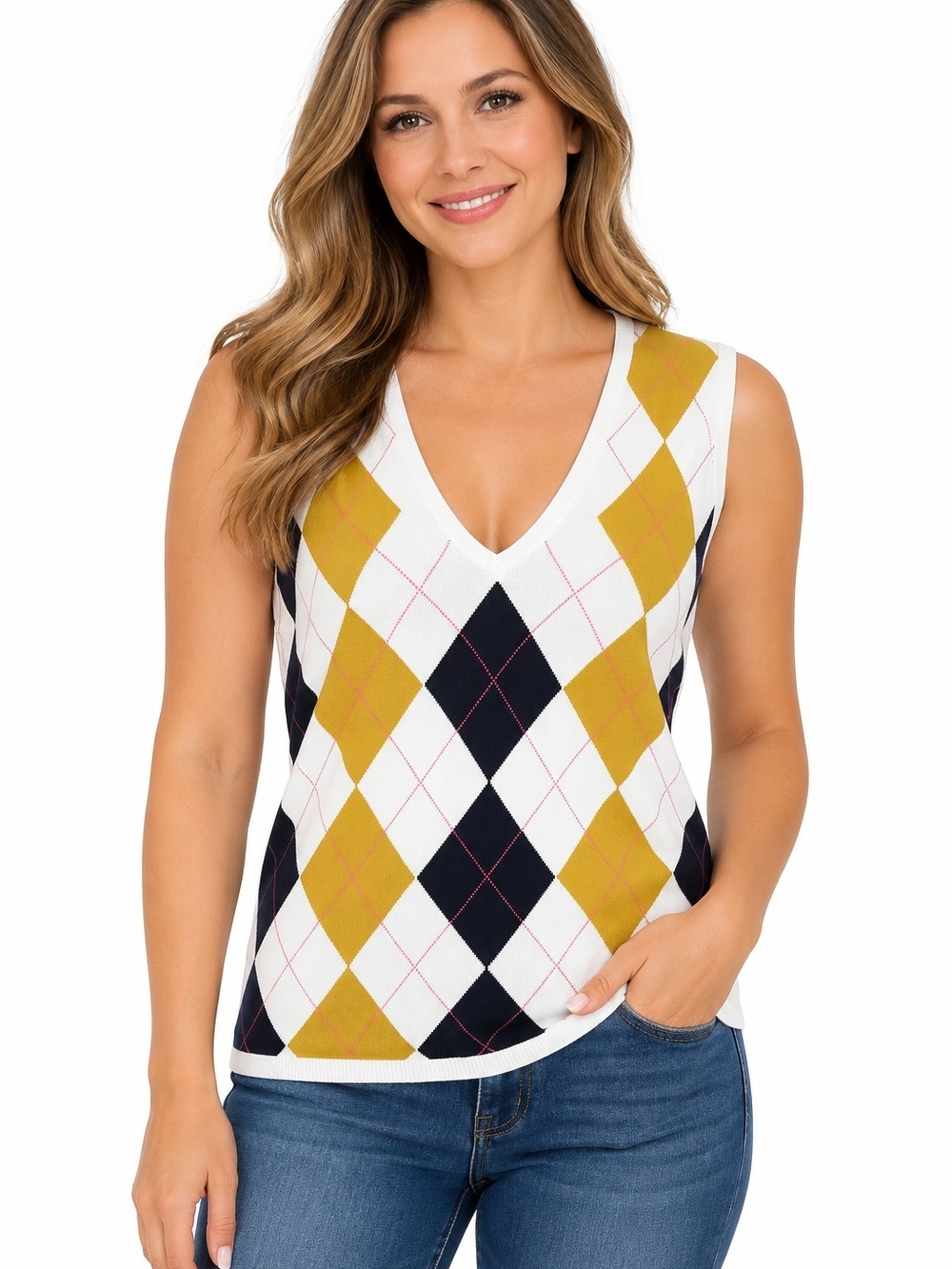 J. Crew V-Neck Argyle Knit Tank - White, Mustard & Navy
